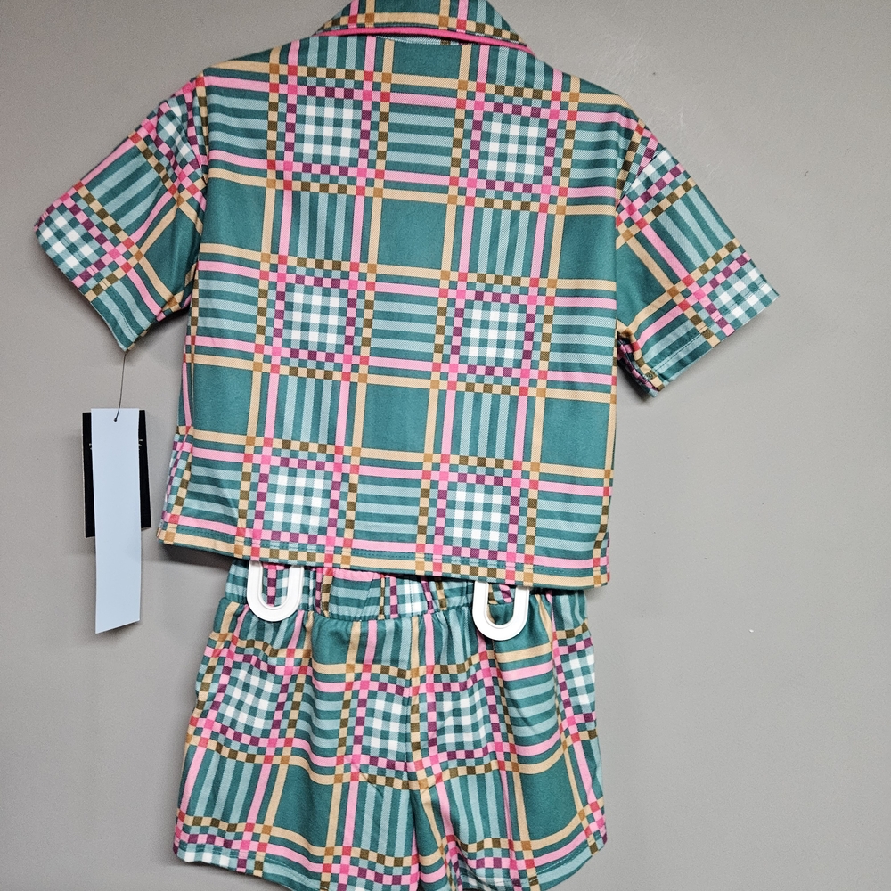 Kids Girls Xs 4/5 Fleece Pajama Set Checkered- Green & Pink Short Sleeve Shorts - Picture 5 of 7
